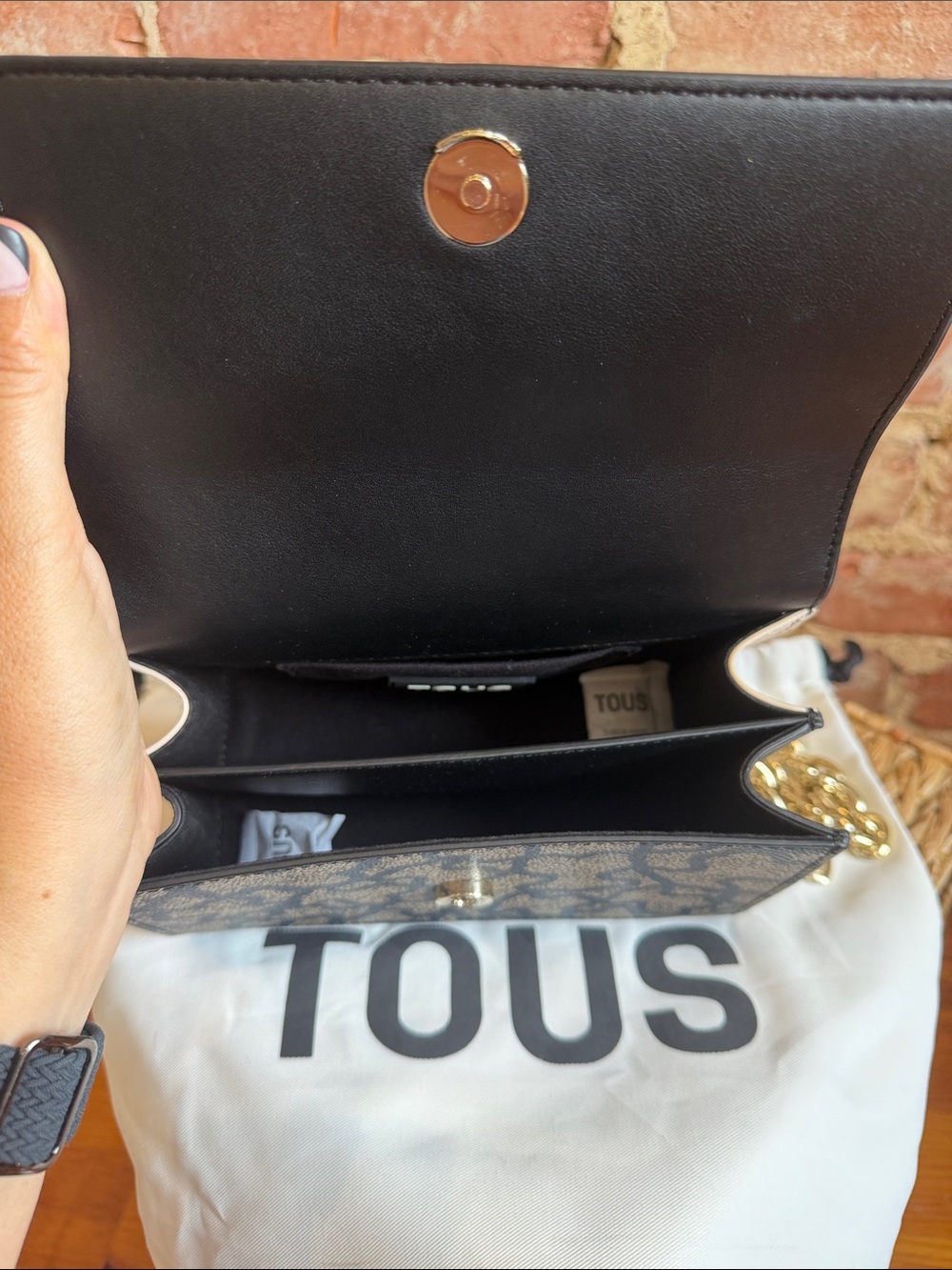 Tous “Kaos” Navy And Brown Monogram Crossbody With Gold Chain View 4